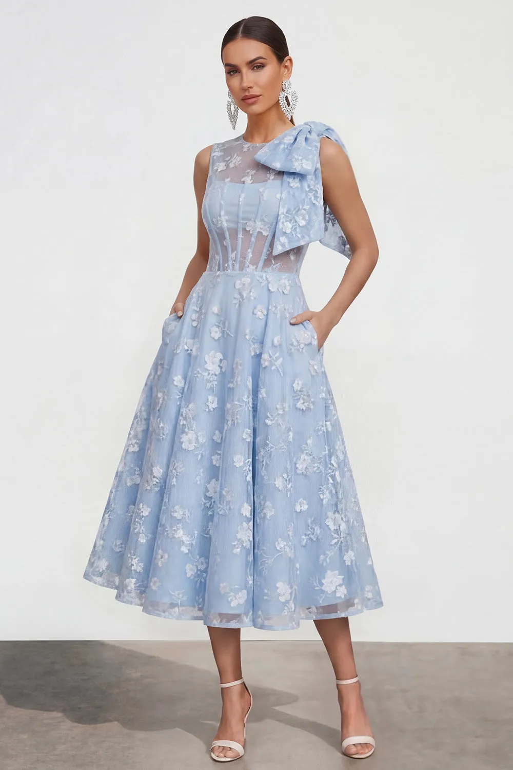 Pink Floral A-Line Bowed Round Neck Midi Dress with Pockets sold by Zapaka product image thumbnail 5