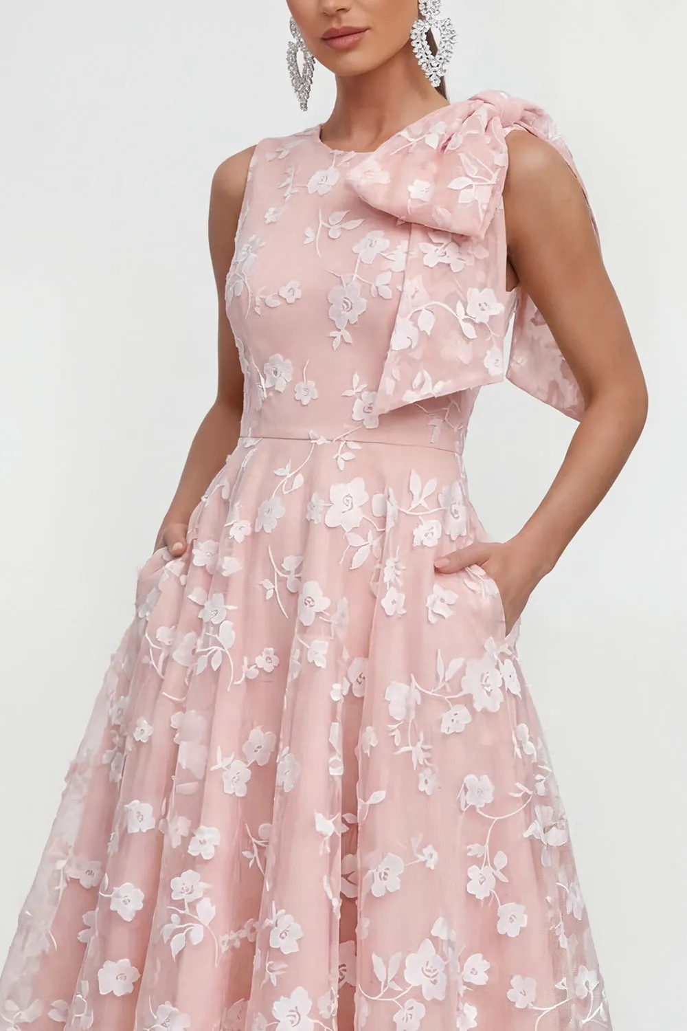 Pink Floral A-Line Bowed Round Neck Midi Dress with Pockets sold by Zapaka product image thumbnail 3
