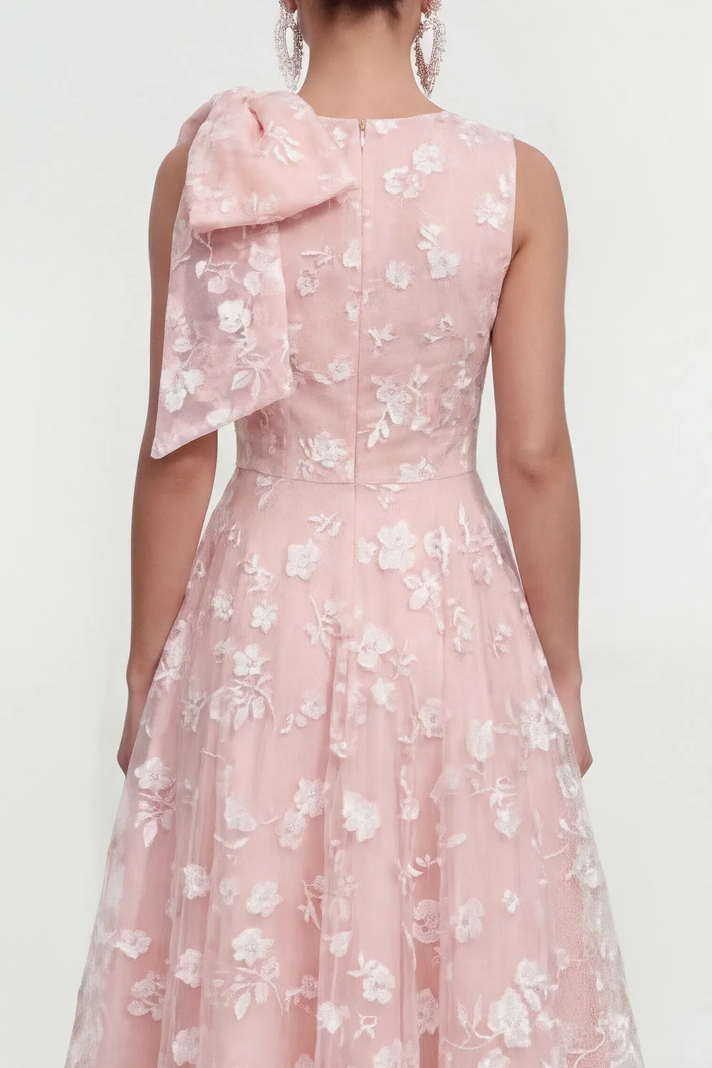 Pink Floral A-Line Bowed Round Neck Midi Dress with Pockets sold by Zapaka product image thumbnail 4