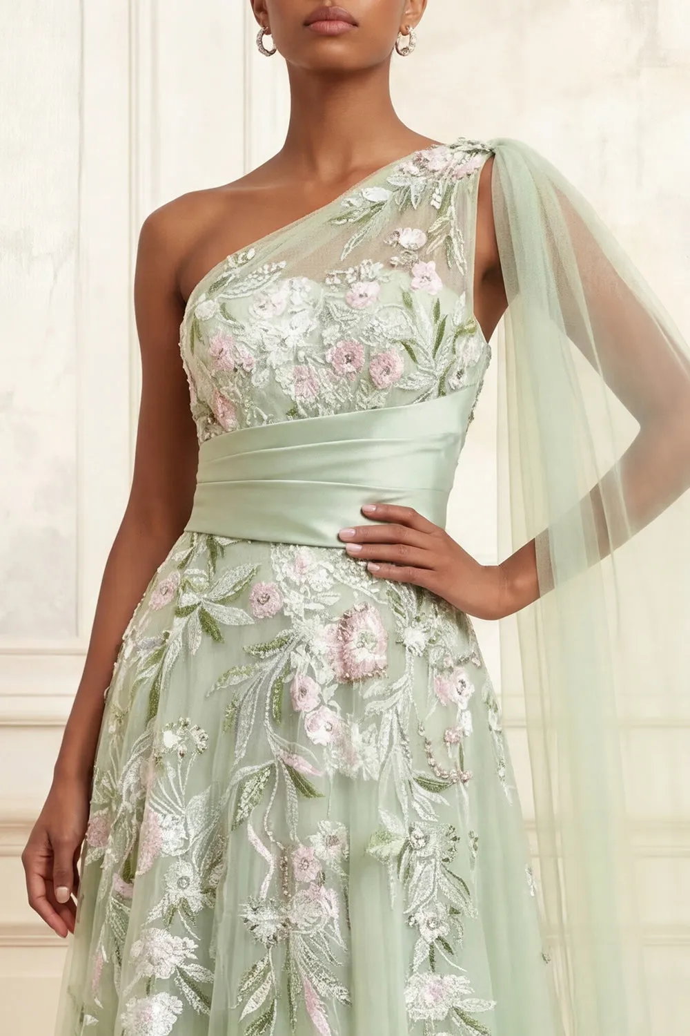 One Shoulder Dusty Sage A-Line Sequins Tulle Long Prom Dress with Embroidery sold by Zapaka product image thumbnail 3