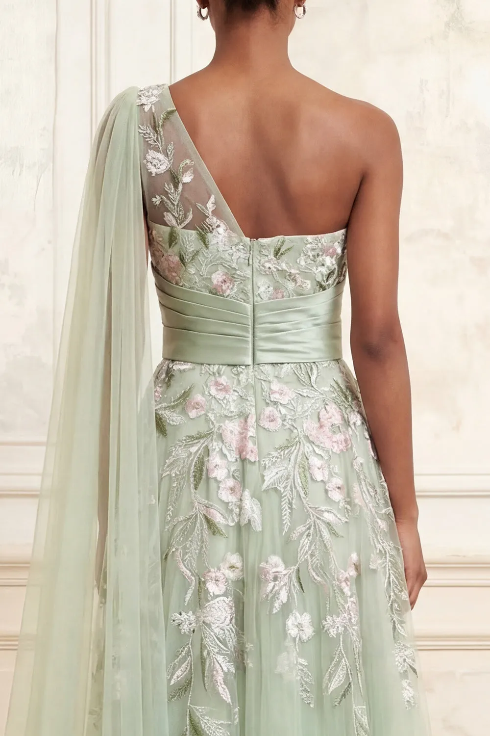 One Shoulder Dusty Sage A-Line Sequins Tulle Long Prom Dress with Embroidery sold by Zapaka product image thumbnail 4