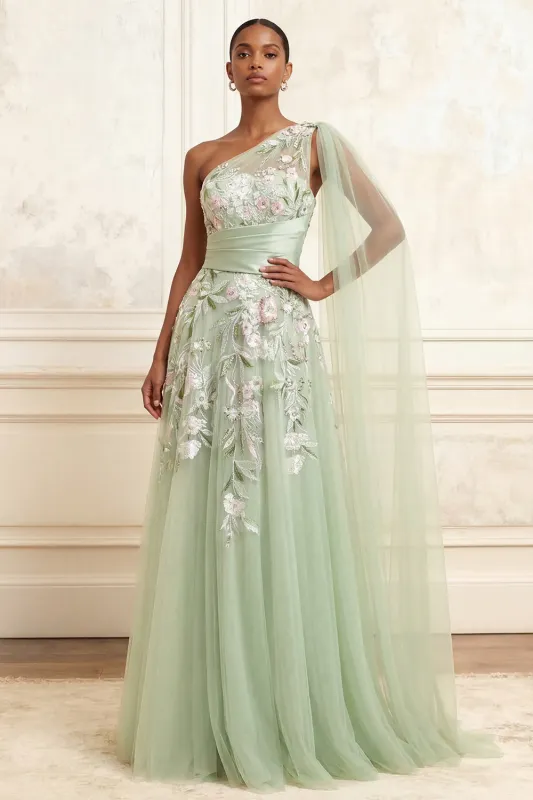 One Shoulder Dusty Sage A-Line Sequins Tulle Long Prom Dress with Embroidery made by Zapaka