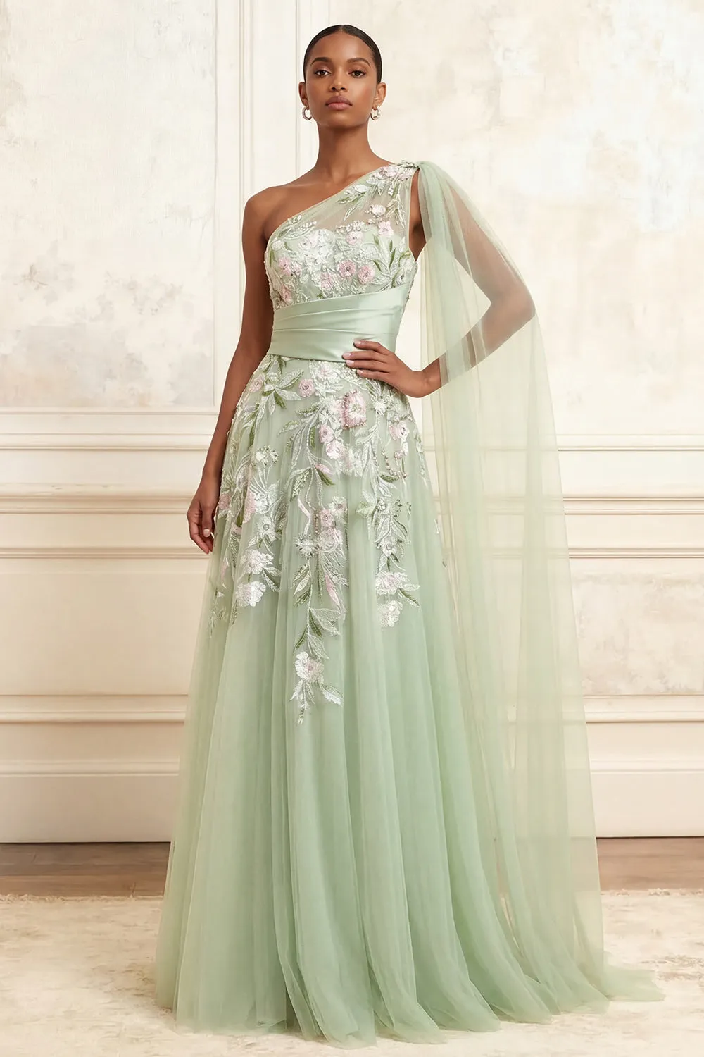 One Shoulder Dusty Sage A-Line Sequins Tulle Long Prom Dress with Embroidery sold by Zapaka