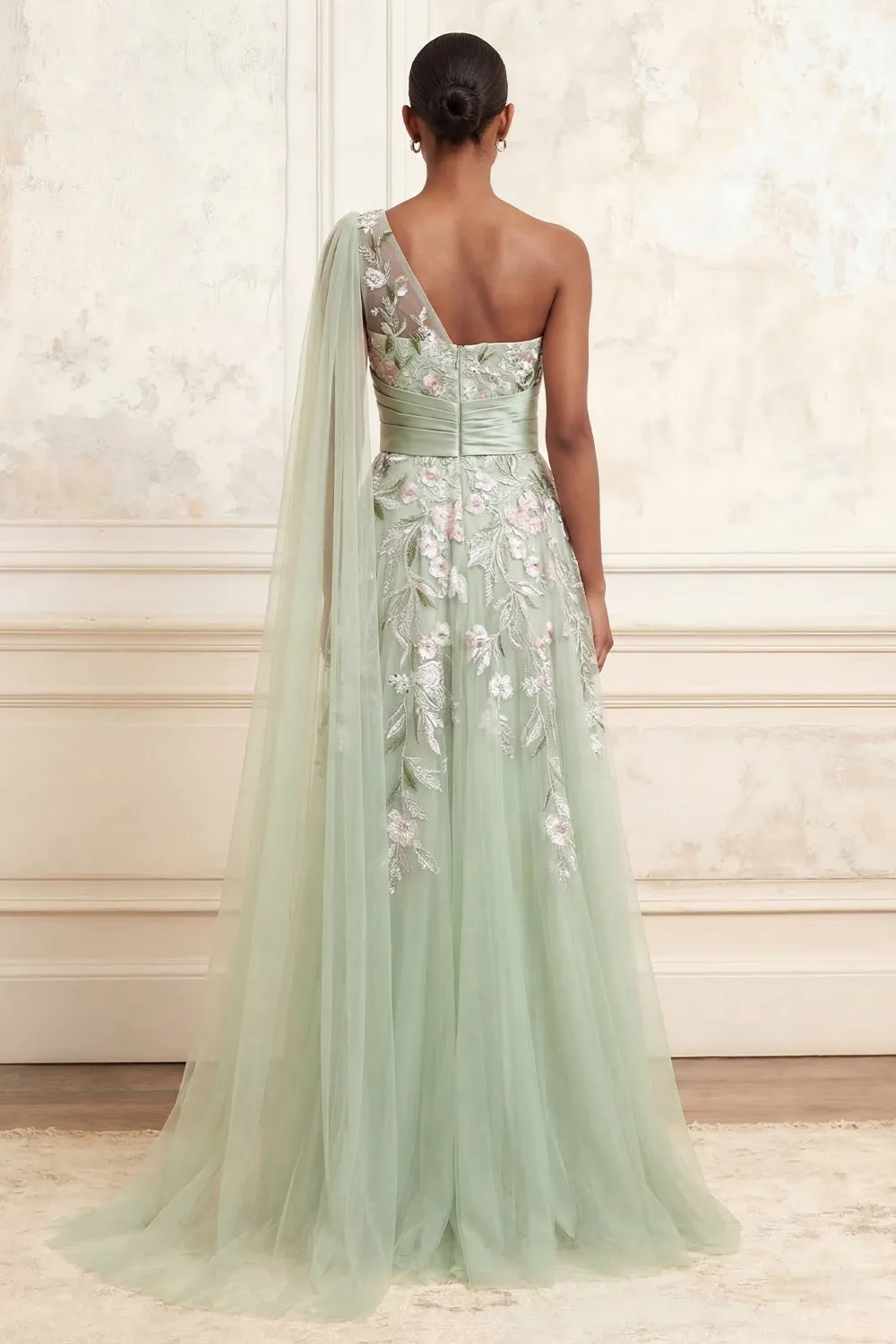 One Shoulder Dusty Sage A-Line Sequins Tulle Long Prom Dress with Embroidery sold by Zapaka product image thumbnail 2
