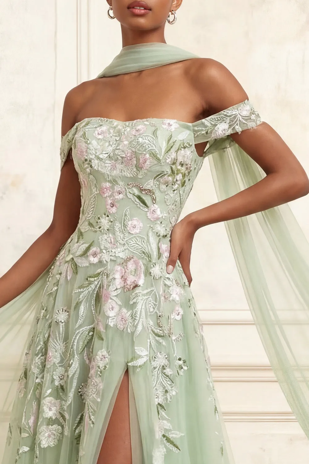 Off The Shoulder Dusty Sage A-Line Sequins Embroidered Long Prom Dress with Slit sold by Zapaka product image thumbnail 3