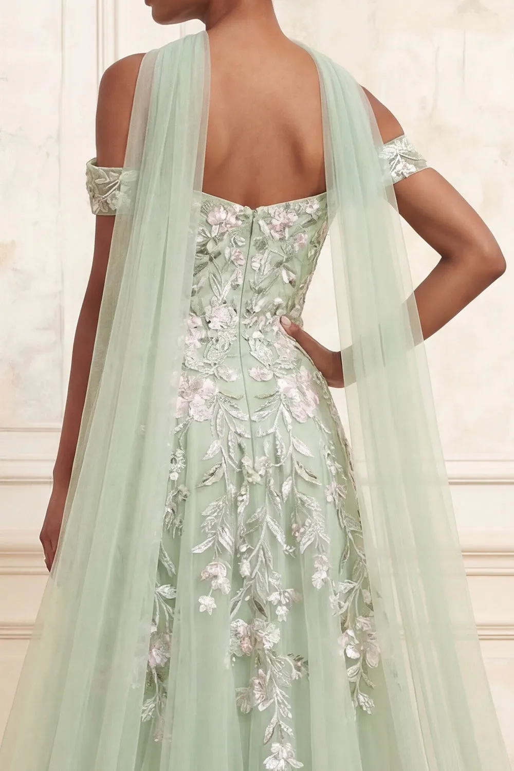 Off The Shoulder Dusty Sage A-Line Sequins Embroidered Long Prom Dress with Slit sold by Zapaka product image thumbnail 4
