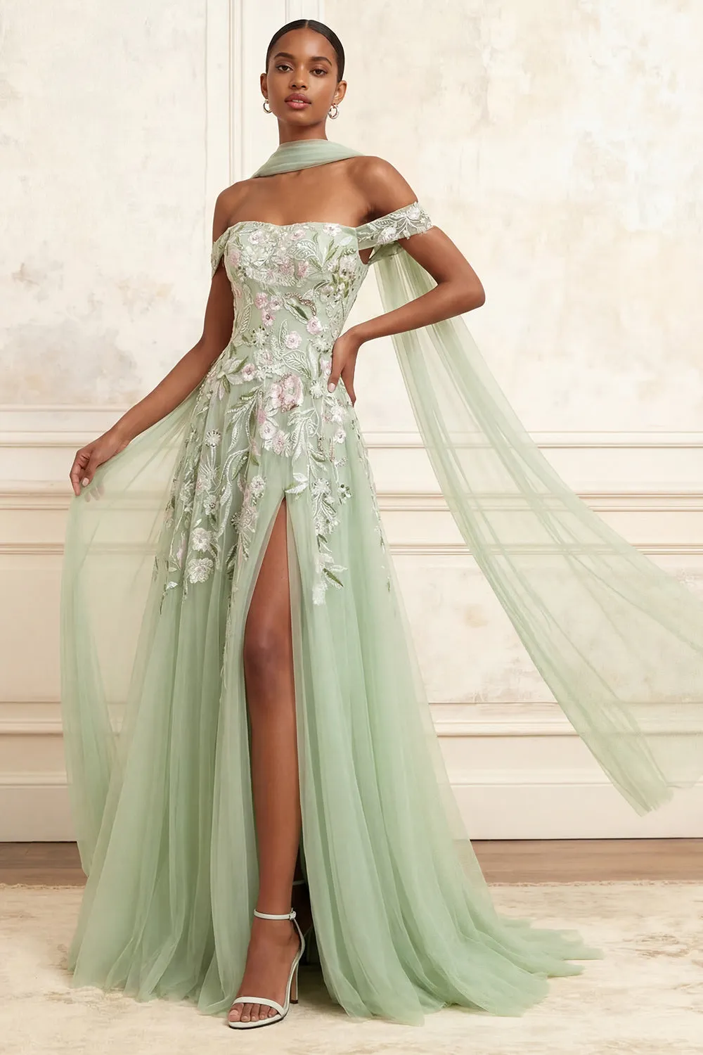 Off The Shoulder Dusty Sage A-Line Sequins Embroidered Long Prom Dress with Slit sold by Zapaka
