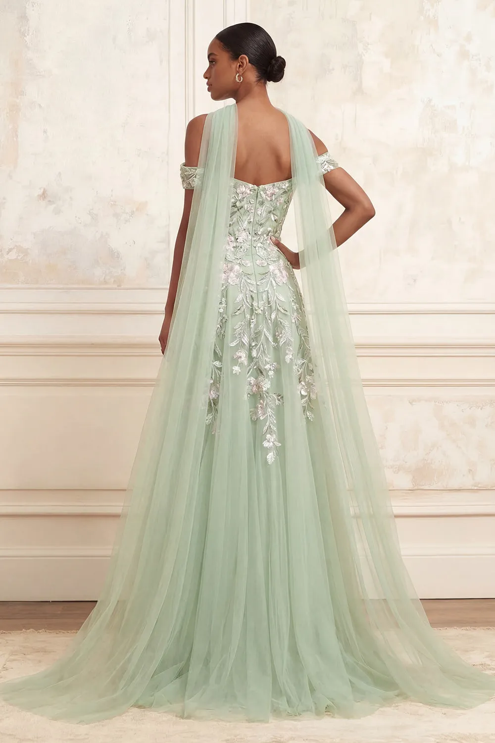 Off The Shoulder Dusty Sage A-Line Sequins Embroidered Long Prom Dress with Slit sold by Zapaka product image thumbnail 2