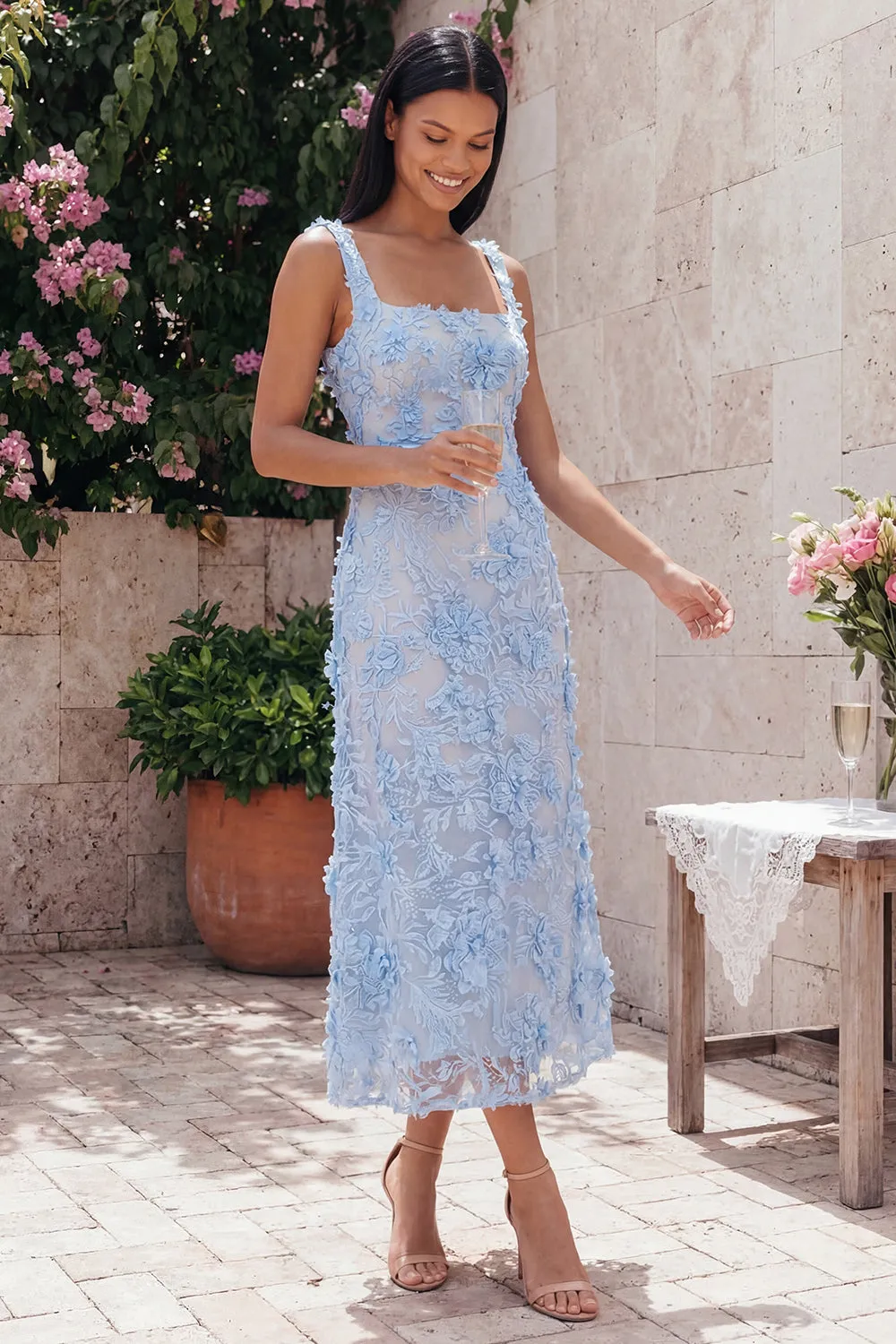 Blue Square Neck Floral Sheath Midi Dress with Appliques sold by Zapaka product image thumbnail 2