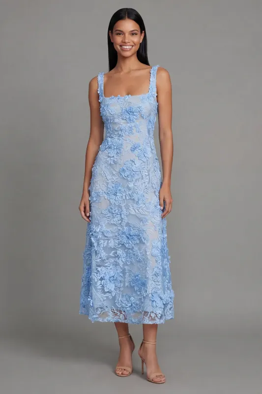 Blue Square Neck Floral Sheath Midi Dress with Appliques made by Zapaka