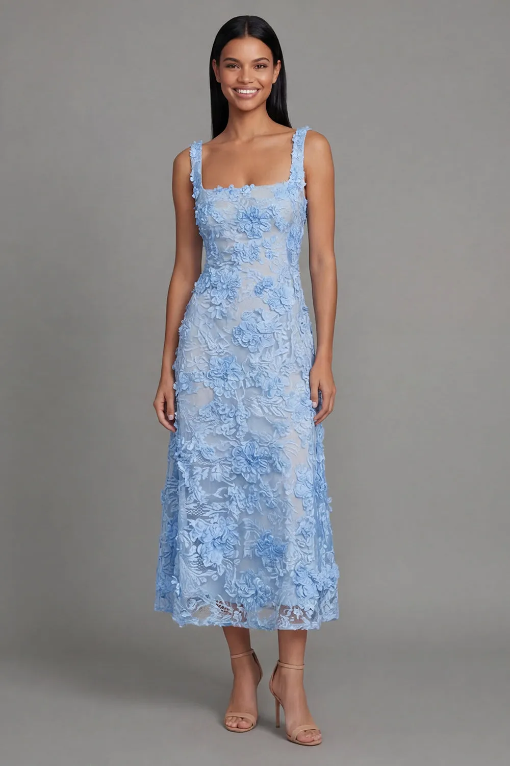 Blue Square Neck Floral Sheath Midi Dress with Appliques sold by Zapaka