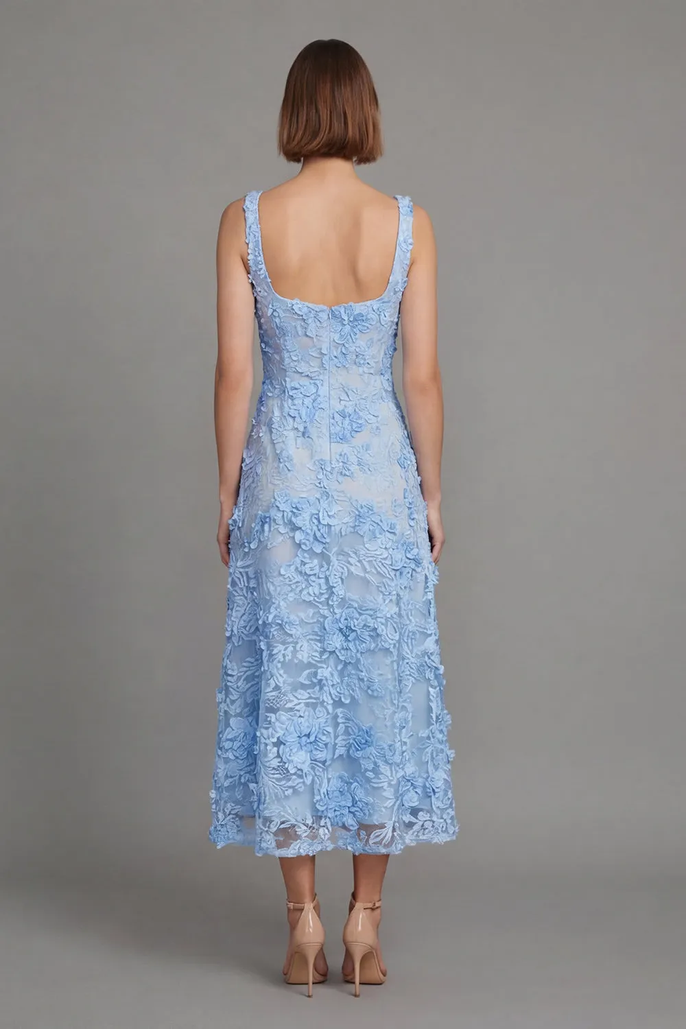 Blue Square Neck Floral Sheath Midi Dress with Appliques sold by Zapaka product image thumbnail 3