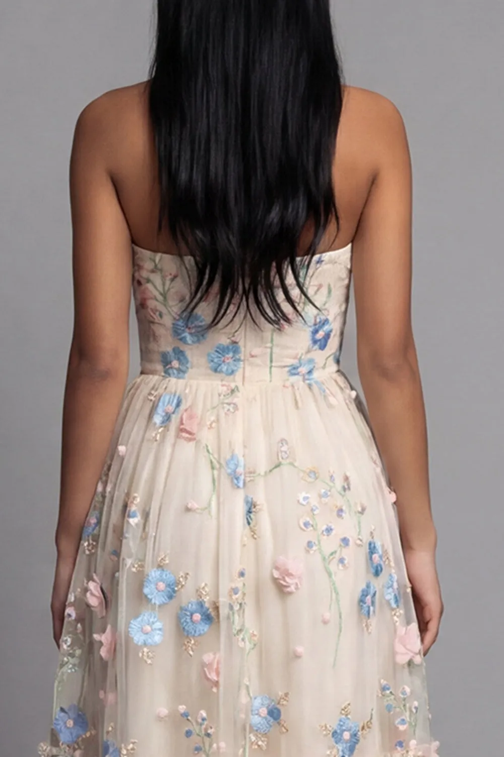 Sweetheart Champagne Tulle Appliqued Floral A-Line Midi Dress sold by Zapaka product image thumbnail 5