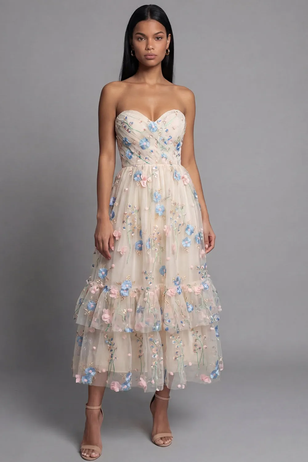 Sweetheart Champagne Tulle Appliqued Floral A-Line Midi Dress sold by Zapaka
