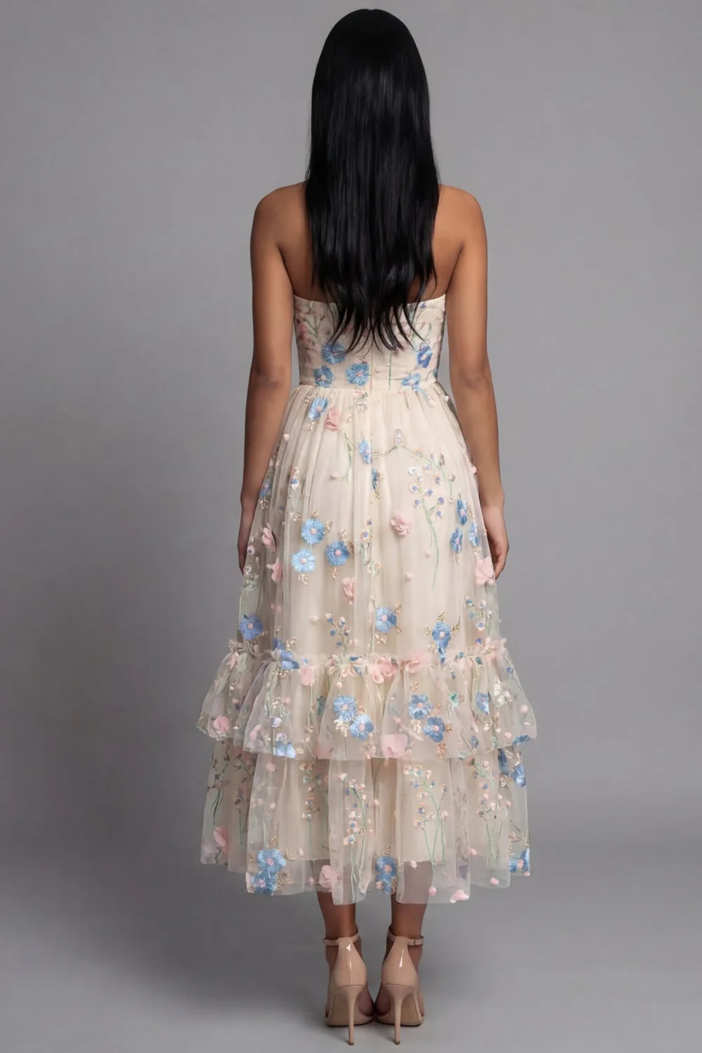 Sweetheart Champagne Tulle Appliqued Floral A-Line Midi Dress sold by Zapaka product image thumbnail 3