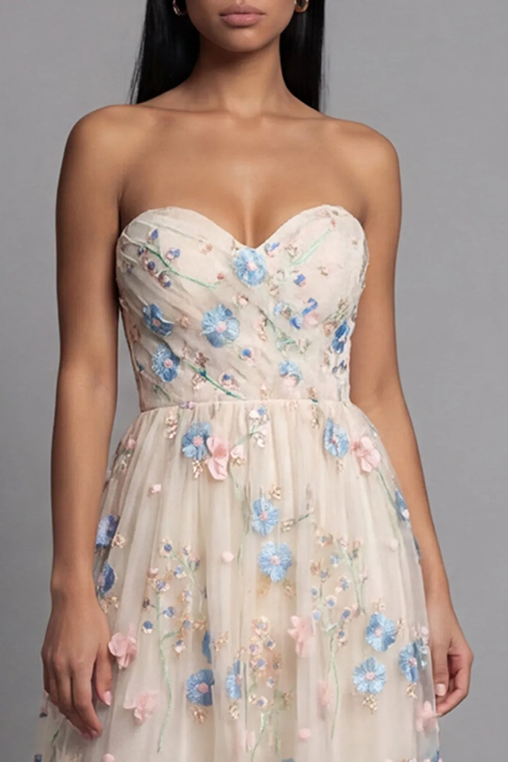 Sweetheart Champagne Tulle Appliqued Floral A-Line Midi Dress sold by Zapaka product image thumbnail 4