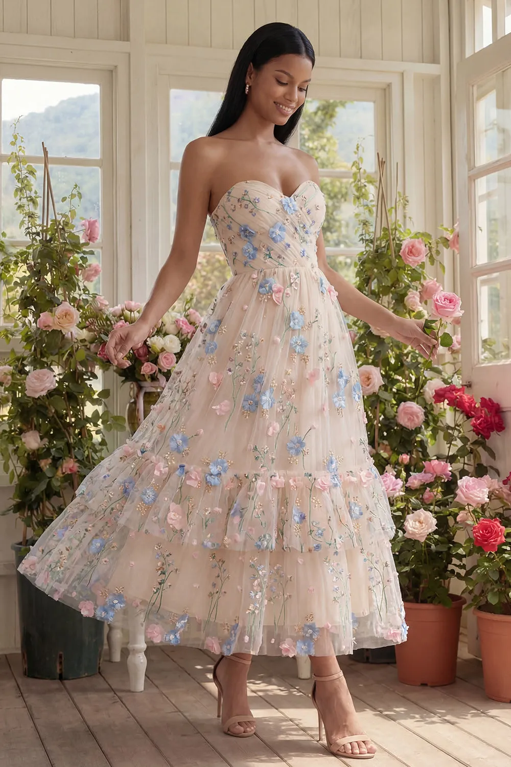 Sweetheart Champagne Tulle Appliqued Floral A-Line Midi Dress sold by Zapaka product image thumbnail 2
