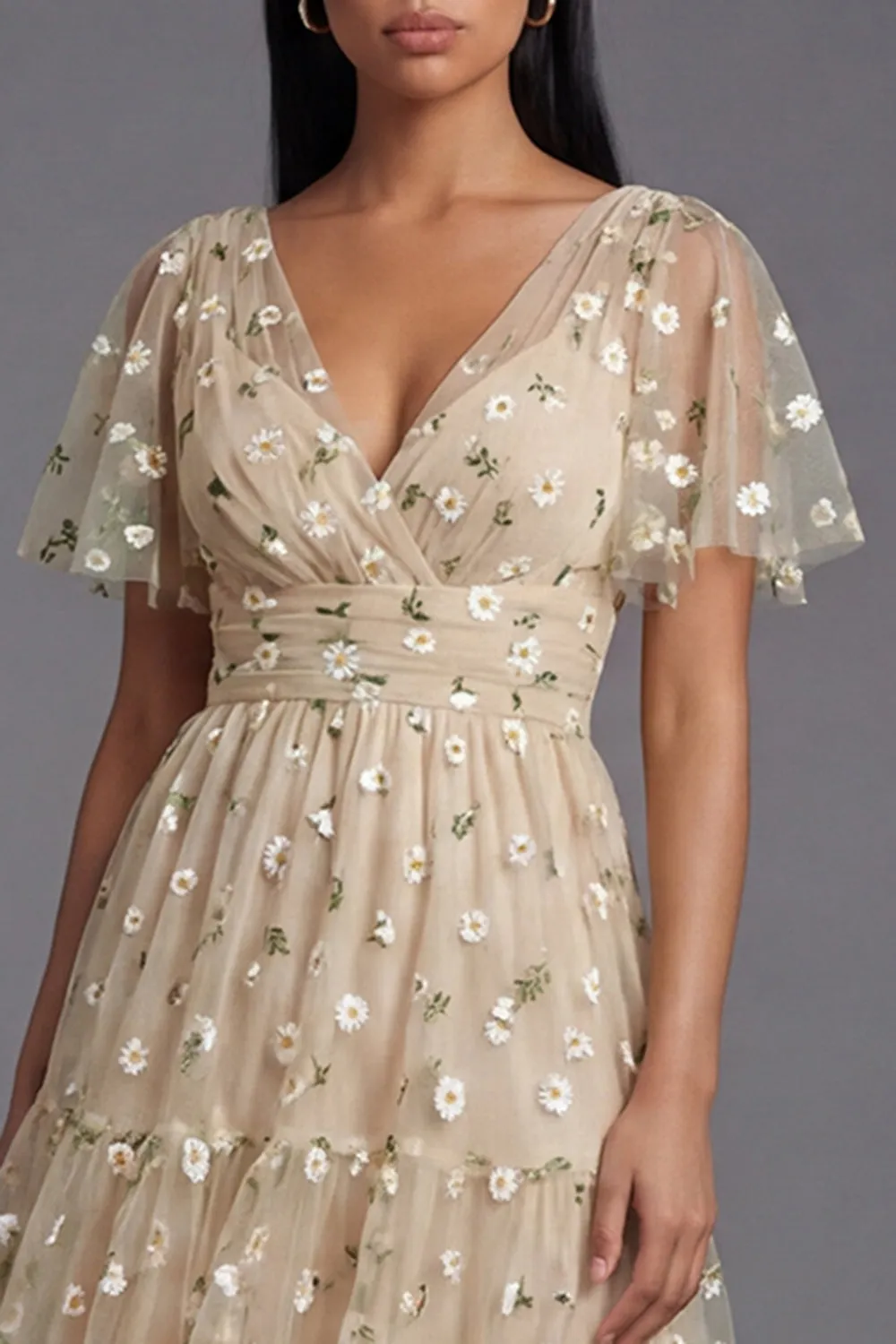 Champagne V-Neck Embroidered A-Line Tulle Floral Dress with Flutter Sleeves sold by Zapaka product image thumbnail 4