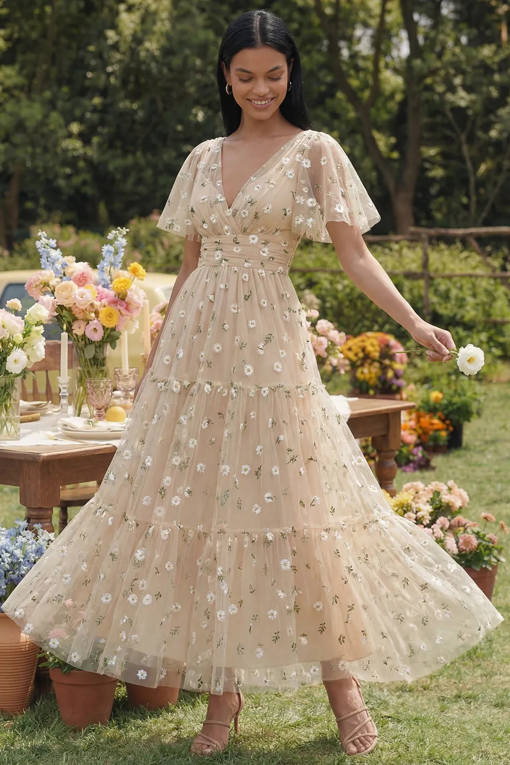 Champagne V-Neck Embroidered A-Line Tulle Floral Dress with Flutter Sleeves sold by Zapaka product image thumbnail 2