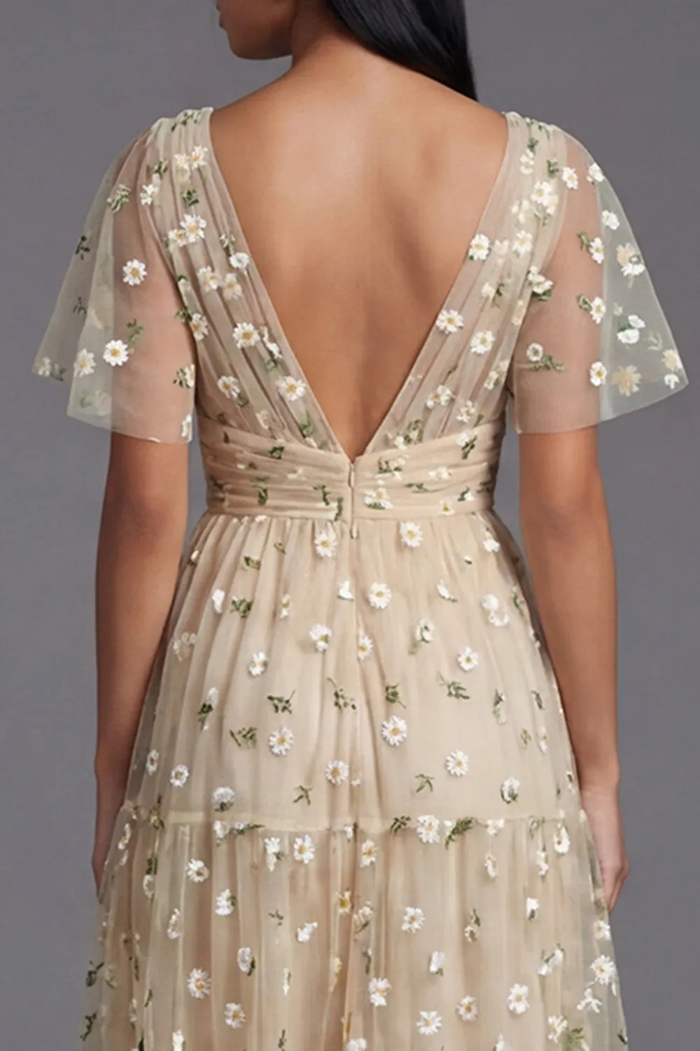 Champagne V-Neck Embroidered A-Line Tulle Floral Dress with Flutter Sleeves sold by Zapaka product image thumbnail 5