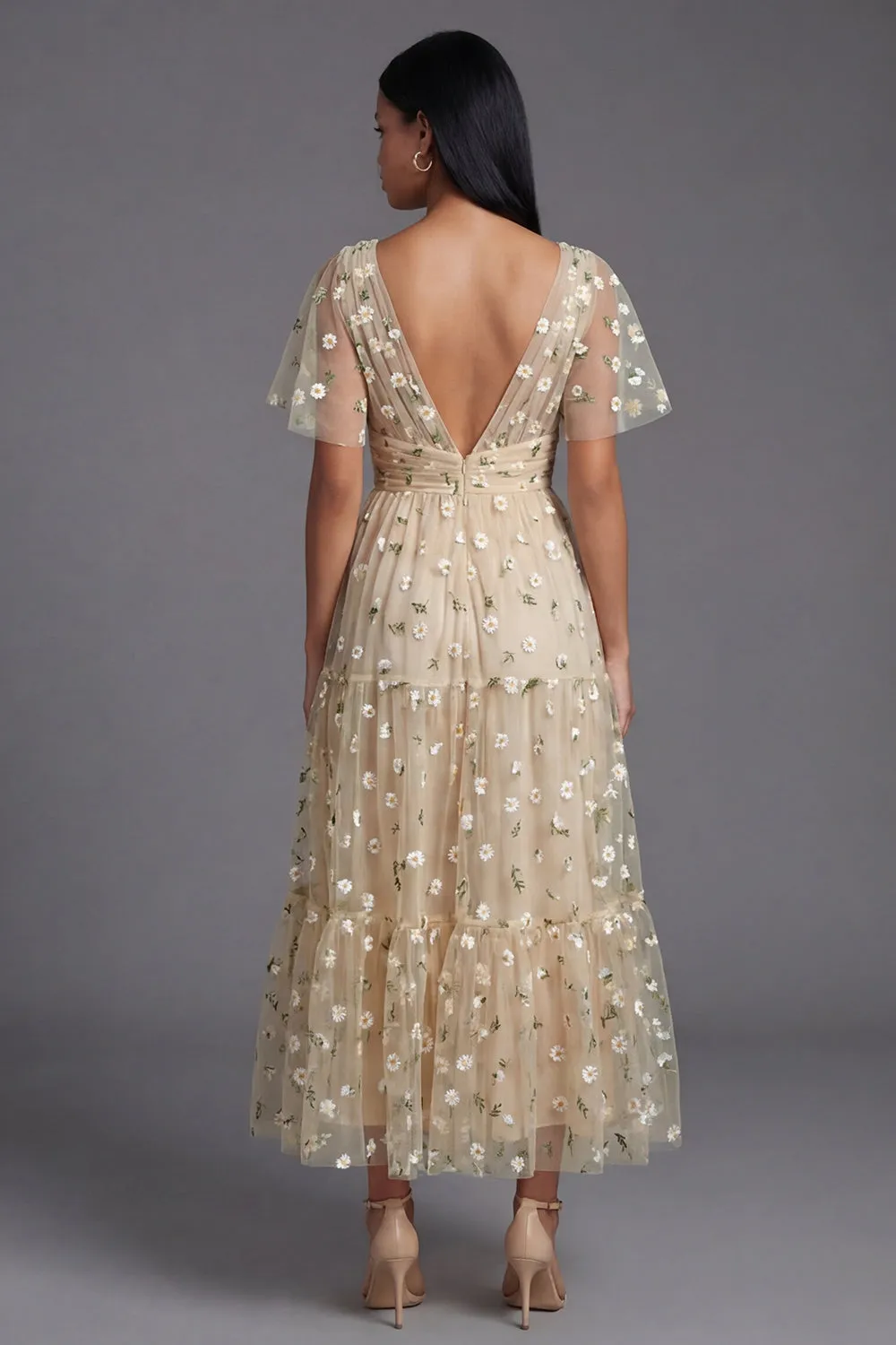 Champagne V-Neck Embroidered A-Line Tulle Floral Dress with Flutter Sleeves sold by Zapaka product image thumbnail 3
