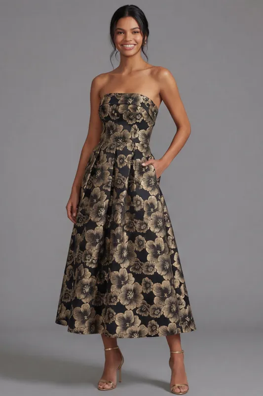 Black A-Line Strapless Ruched Jacquard Floral Midi Dress made by Zapaka