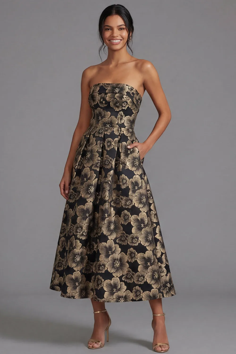 Black A-Line Strapless Ruched Jacquard Floral Midi Dress sold by Zapaka