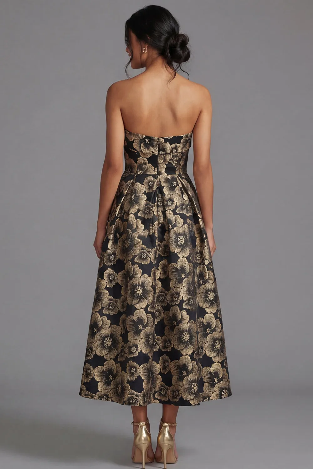 Black A-Line Strapless Ruched Jacquard Floral Midi Dress sold by Zapaka product image thumbnail 3