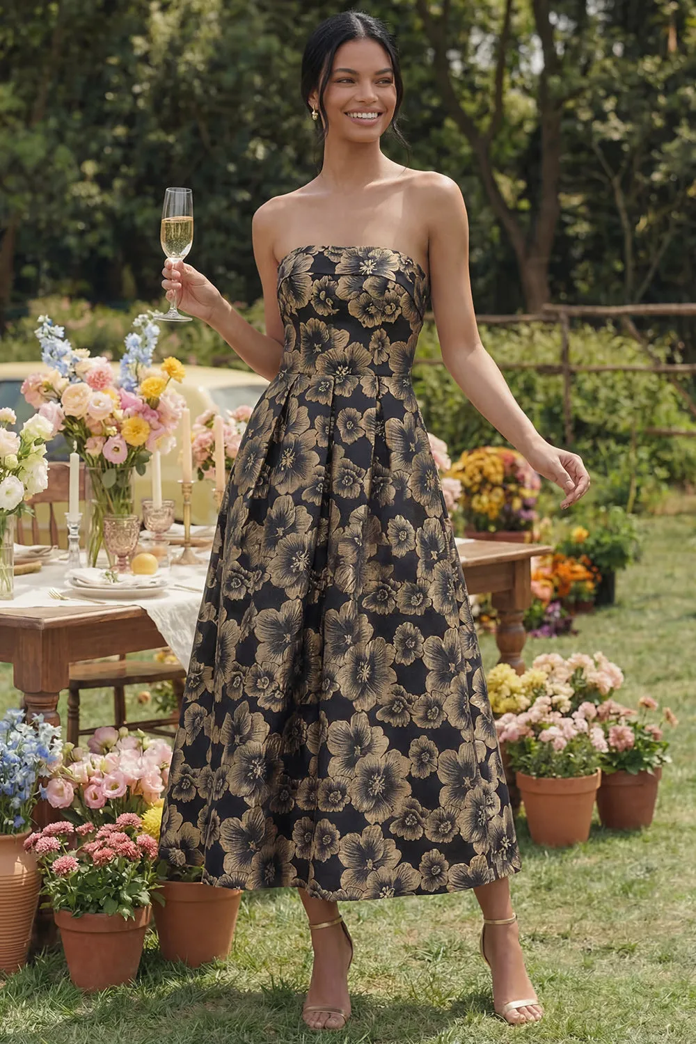 Black A-Line Strapless Ruched Jacquard Floral Midi Dress sold by Zapaka product image thumbnail 2