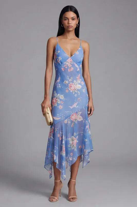 Blue Sheath Printed Floral Chiffon Asymmetrical Midi Dress made by Zapaka
