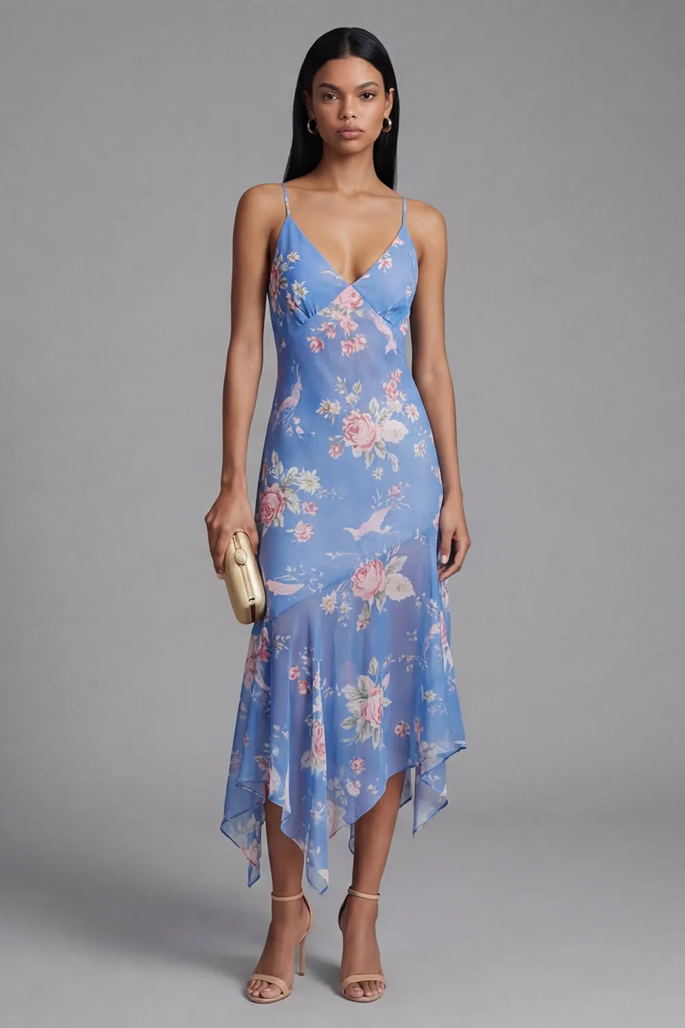 Blue Sheath Printed Floral Chiffon Asymmetrical Midi Dress sold by Zapaka