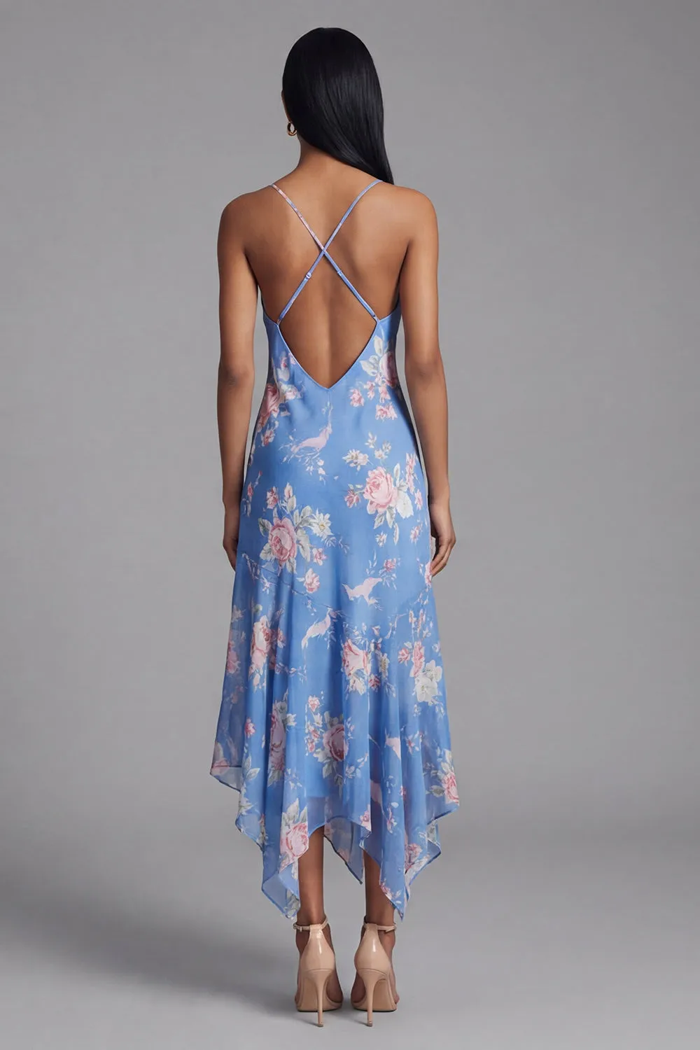 Blue Sheath Printed Floral Chiffon Asymmetrical Midi Dress sold by Zapaka product image thumbnail 3