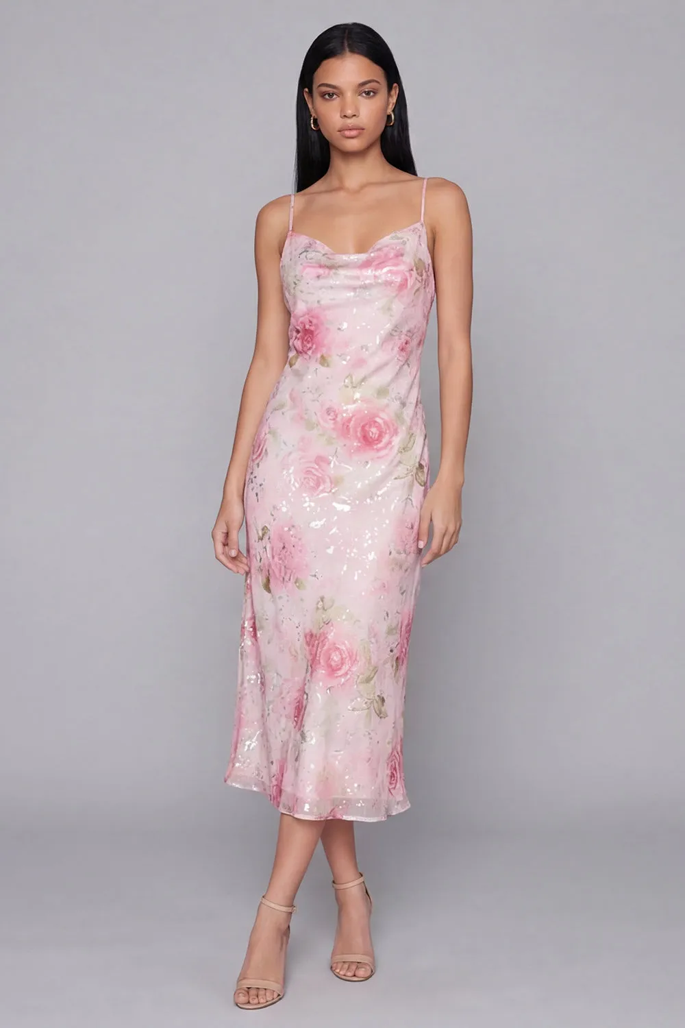 Sparkly Pink Bodycon Spaghetti Straps Sequin Printed Floral Midi Dress sold by Zapaka