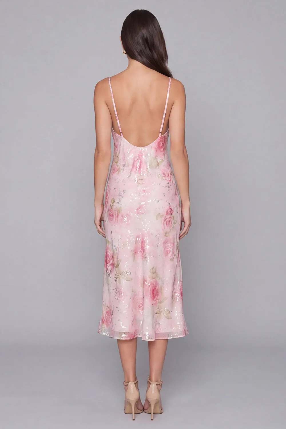 Sparkly Pink Bodycon Spaghetti Straps Sequin Printed Floral Midi Dress sold by Zapaka product image thumbnail 3