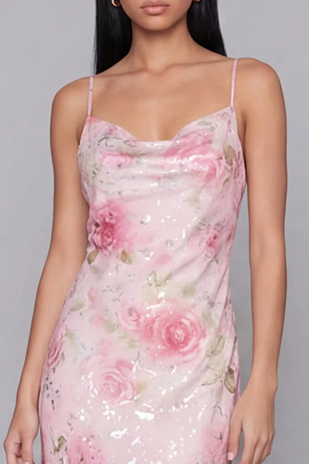 Sparkly Pink Bodycon Spaghetti Straps Sequin Printed Floral Midi Dress sold by Zapaka product image thumbnail 4