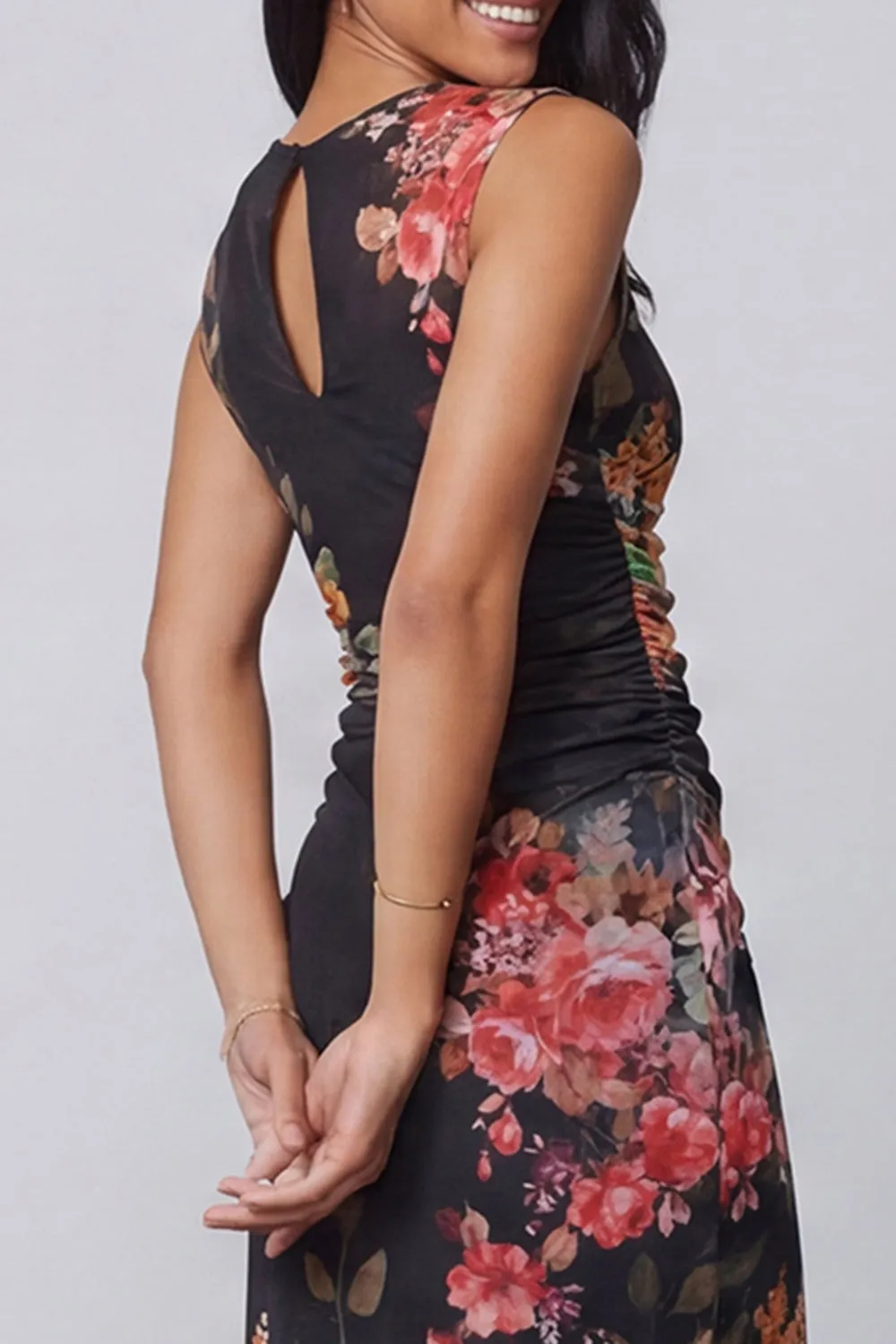 Midnight Bloom Black Ruched Mesh Sleeveless Midi Floral Dress sold by Zapaka product image thumbnail 5