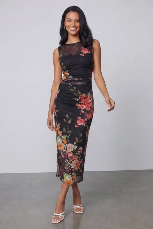 Midnight Bloom Black Ruched Mesh Sleeveless Midi Floral Dress made by Zapaka