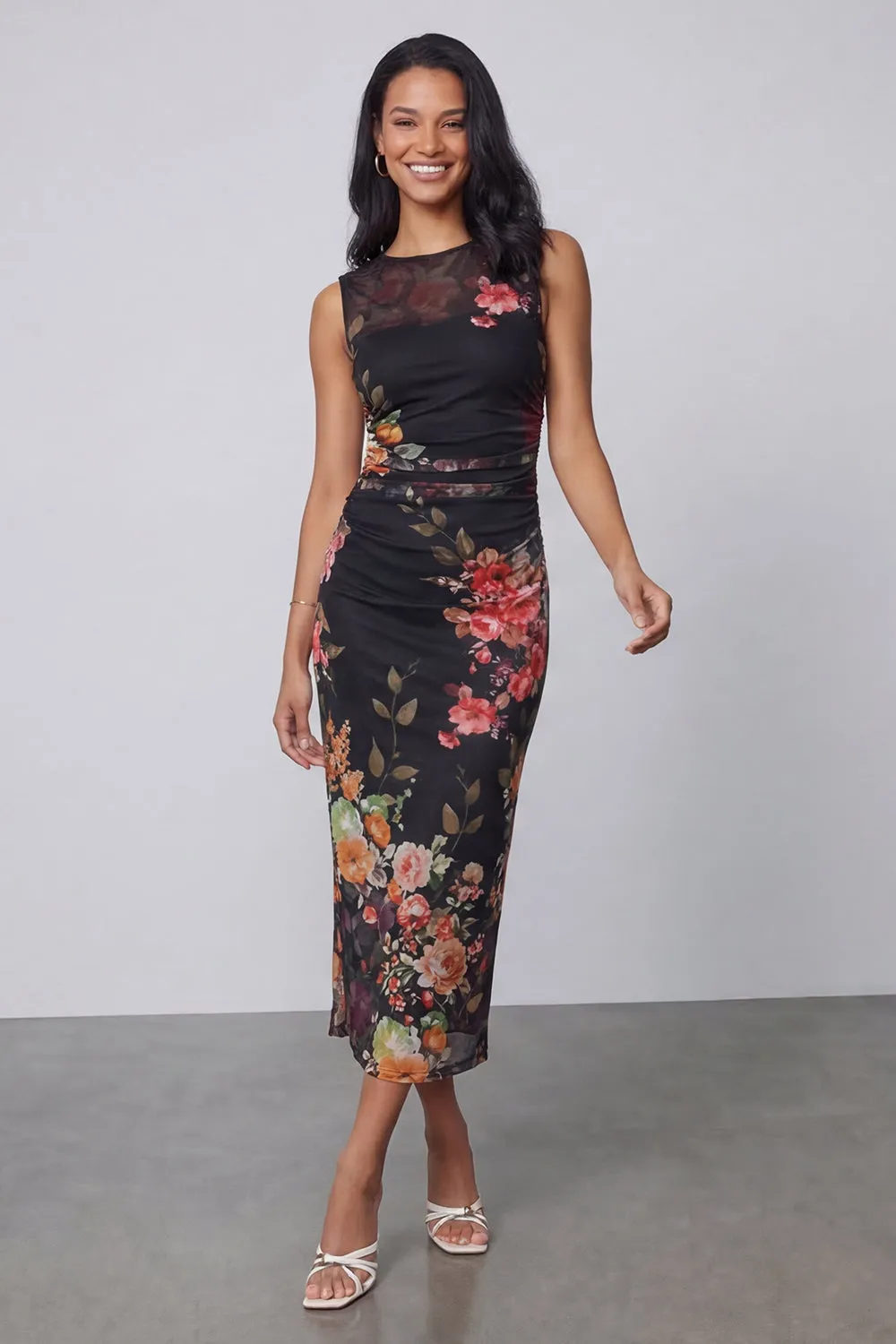 Midnight Bloom Black Ruched Mesh Sleeveless Midi Floral Dress sold by Zapaka