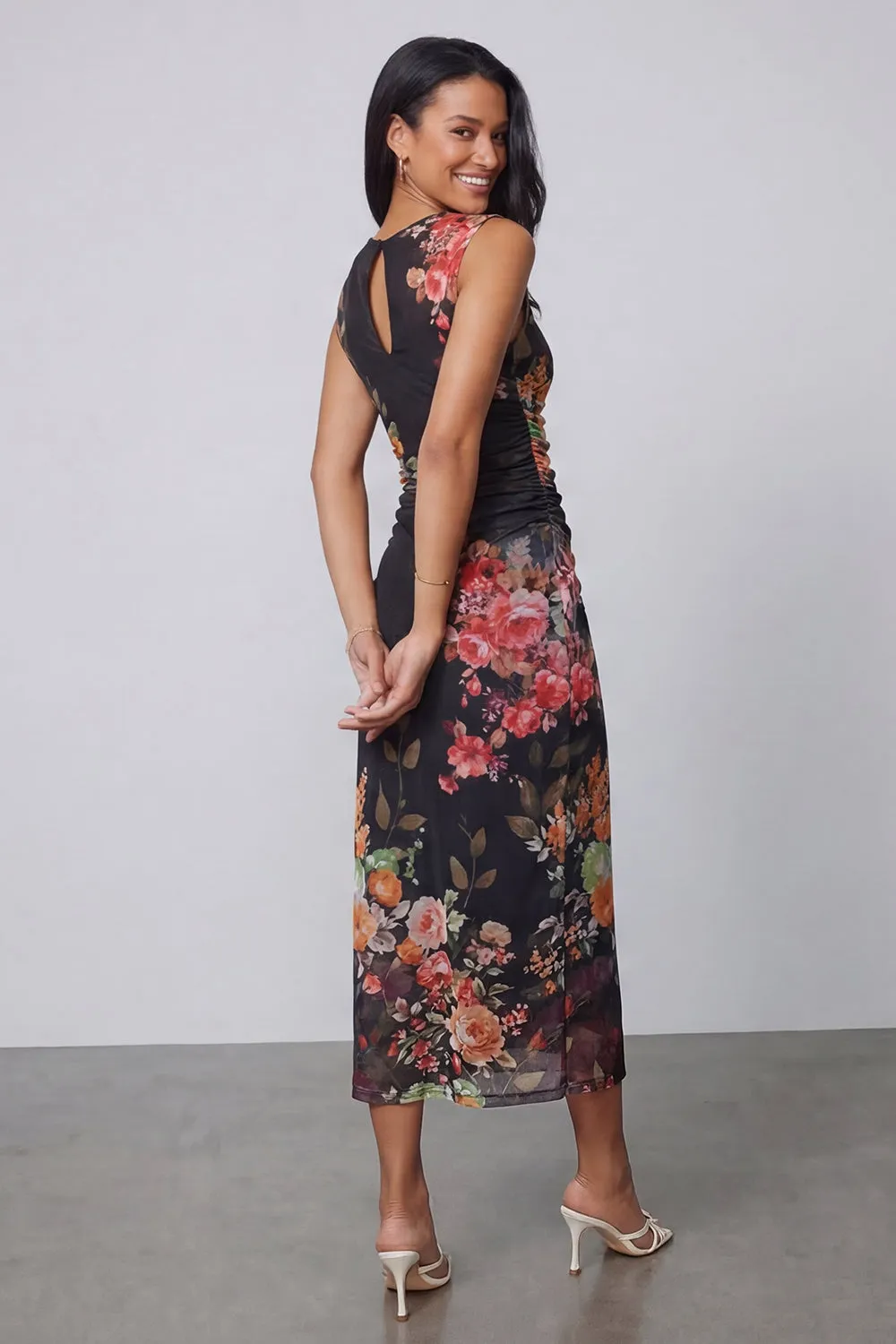 Midnight Bloom Black Ruched Mesh Sleeveless Midi Floral Dress sold by Zapaka product image thumbnail 3