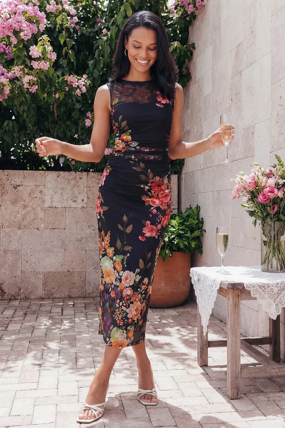 Midnight Bloom Black Ruched Mesh Sleeveless Midi Floral Dress sold by Zapaka product image thumbnail 2