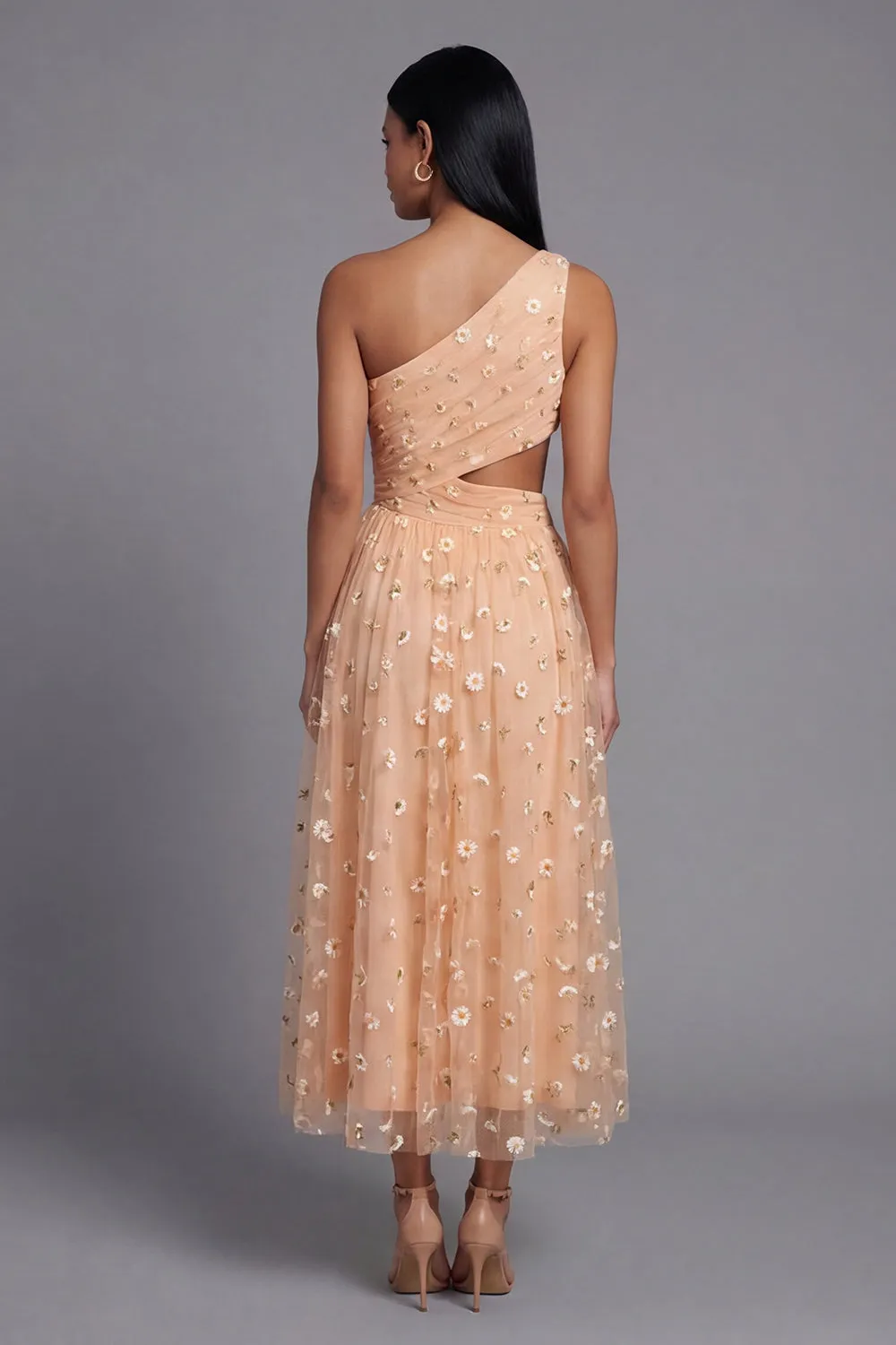 Orange One Shoulder Tulle Embroidered Floral Dress with Slit sold by Zapaka product image thumbnail 3