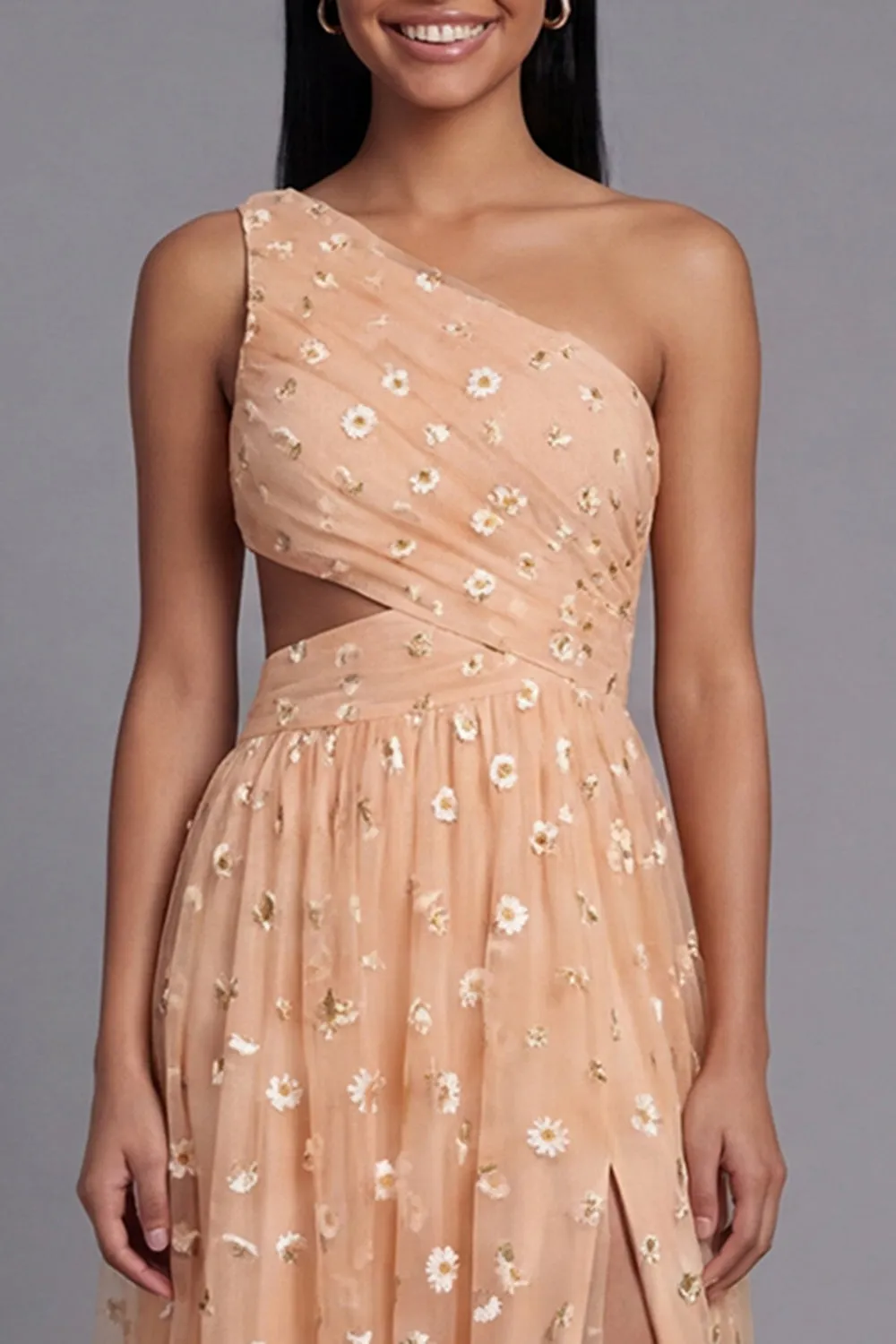 Orange One Shoulder Tulle Embroidered Floral Dress with Slit sold by Zapaka product image thumbnail 4