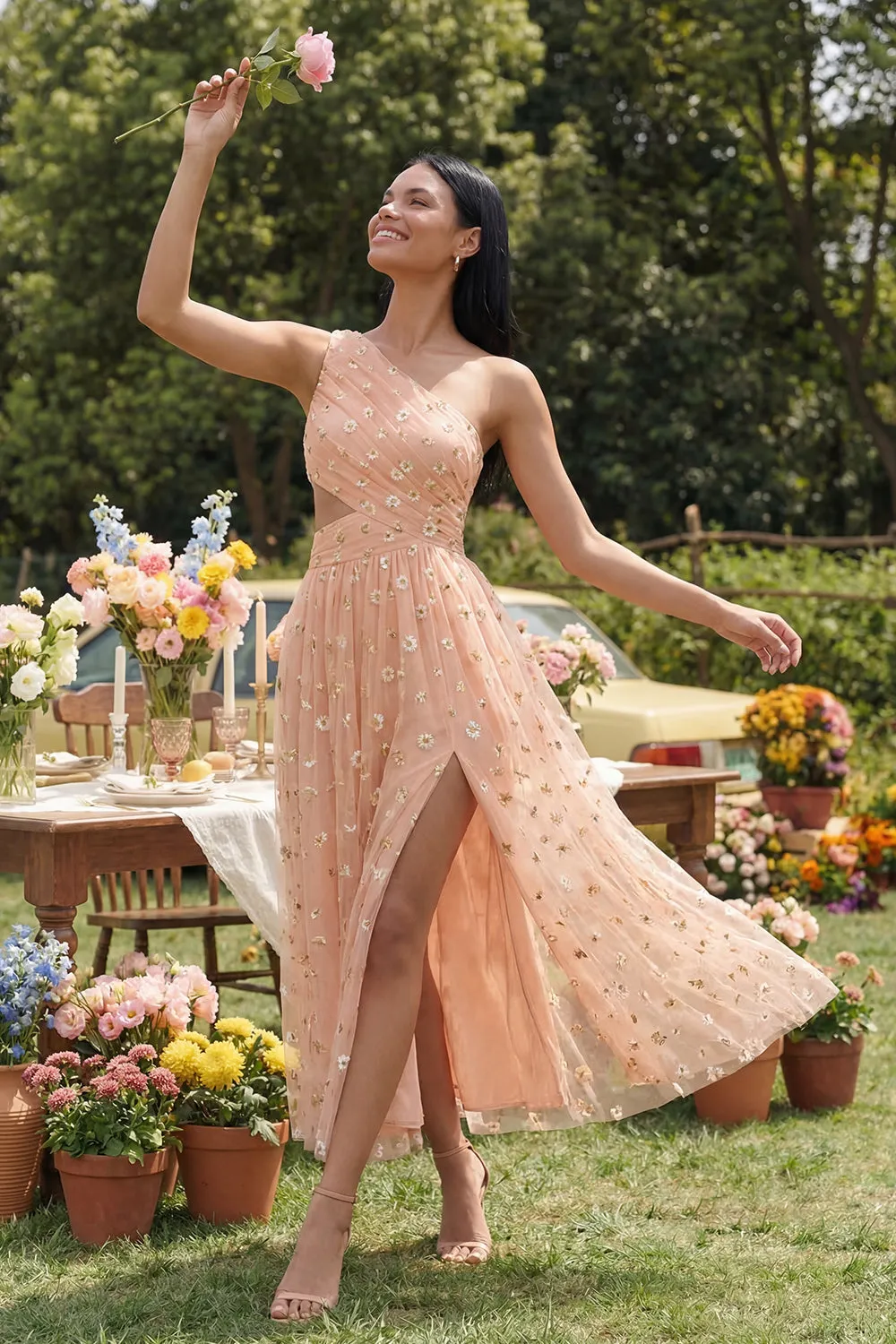 Orange One Shoulder Tulle Embroidered Floral Dress with Slit sold by Zapaka product image thumbnail 2