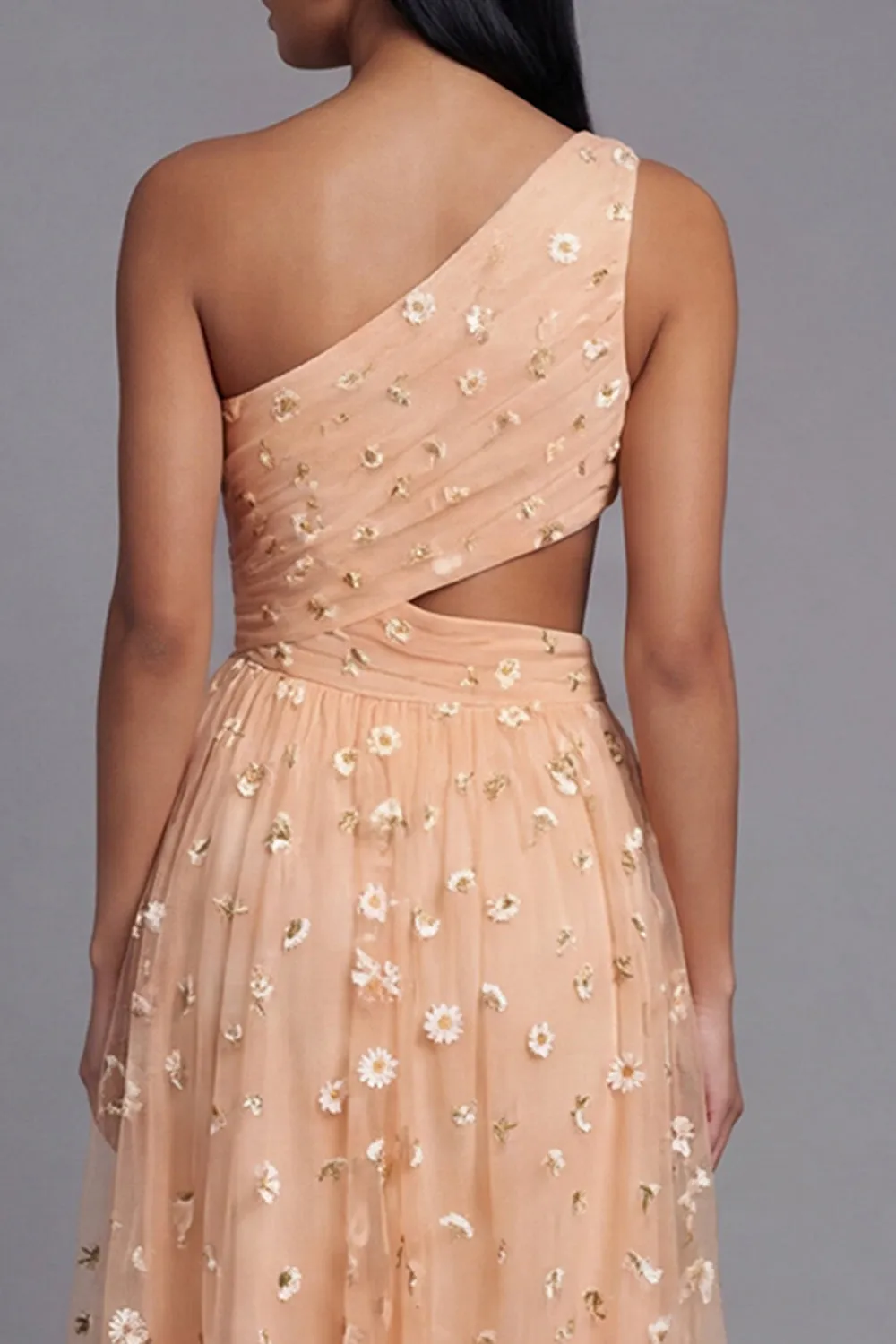 Orange One Shoulder Tulle Embroidered Floral Dress with Slit sold by Zapaka product image thumbnail 5