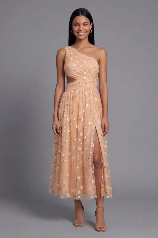 Orange One Shoulder Tulle Embroidered Floral Dress with Slit made by Zapaka