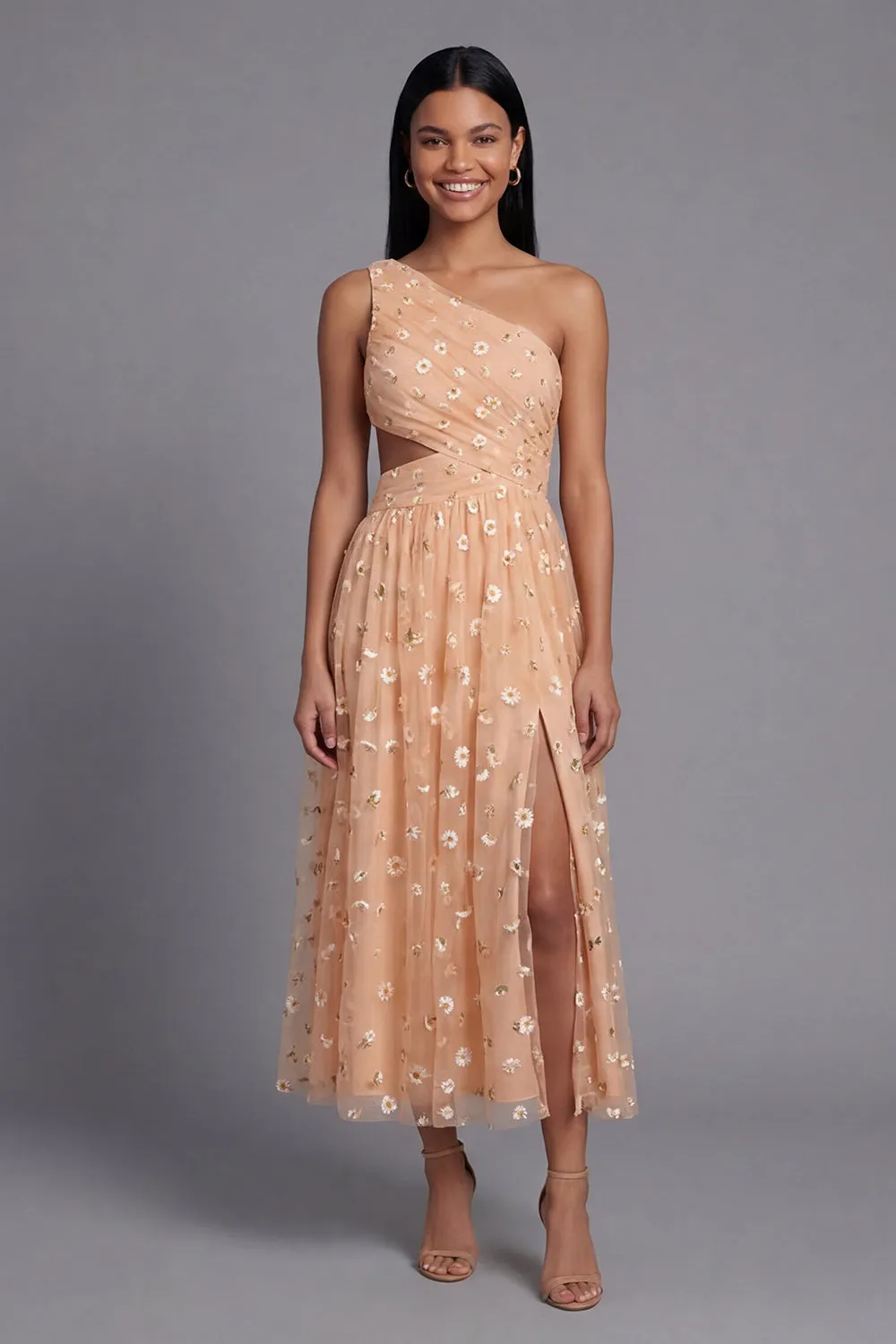 Orange One Shoulder Tulle Embroidered Floral Dress with Slit sold by Zapaka