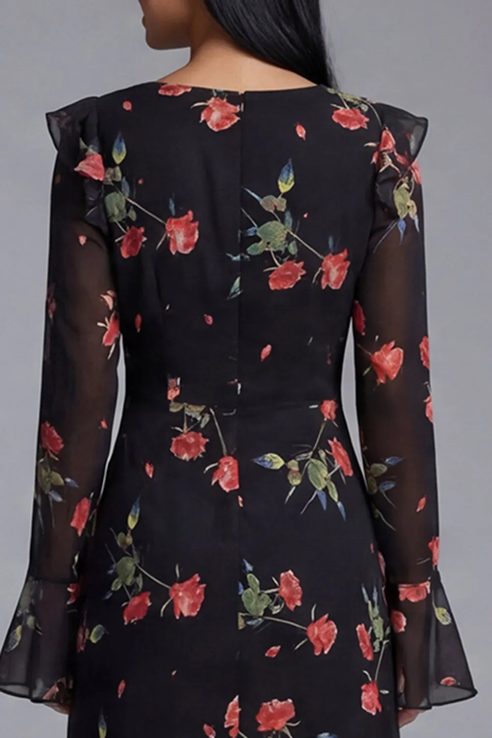 Black V-Neck Sheath Printed Floral Midi Dress with Long Sleeves sold by Zapaka product image thumbnail 5