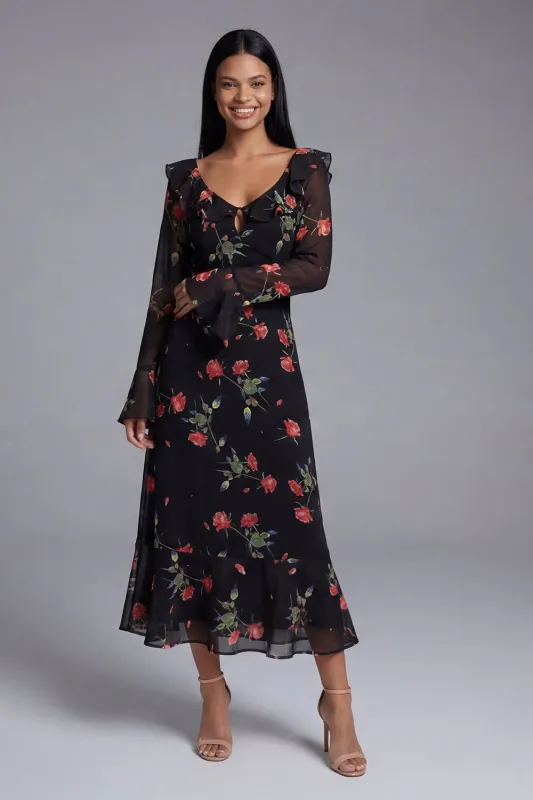 Black V-Neck Sheath Printed Floral Midi Dress with Long Sleeves made by Zapaka