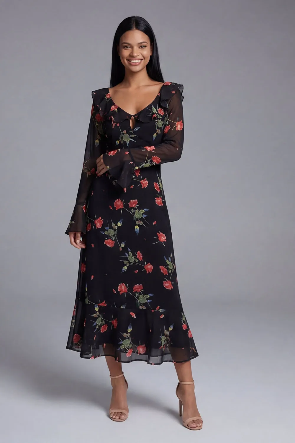 Black V-Neck Sheath Printed Floral Midi Dress with Long Sleeves sold by Zapaka