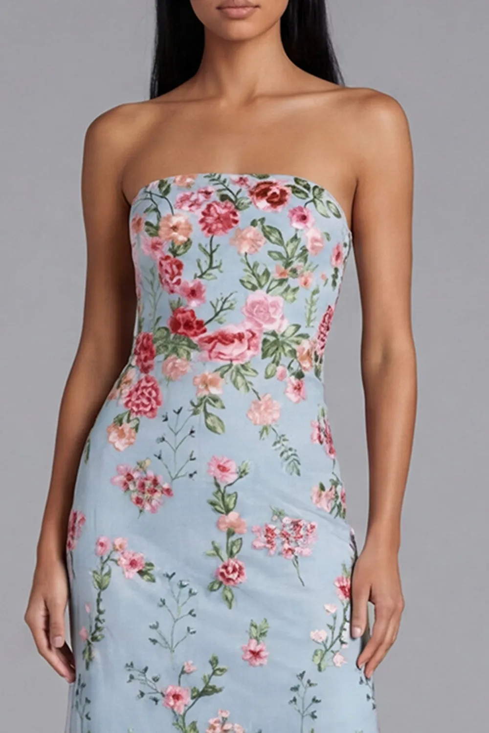 Garden Light Blue Floral Embroidered Strapless Midi Dress sold by Zapaka product image thumbnail 4